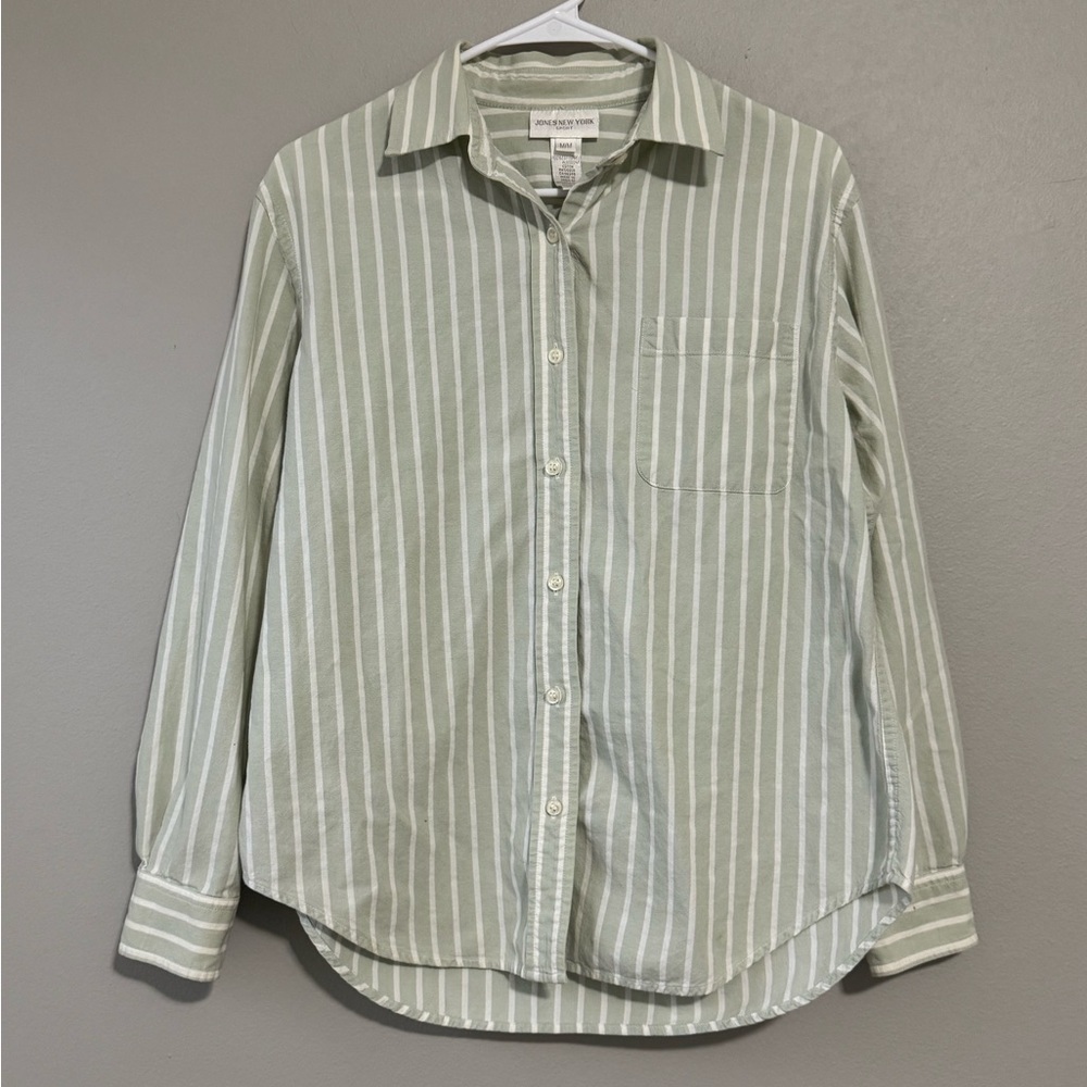 Vintage Jones New York Sport Green and white Striped Shirt size medium - Picture 1 of 6